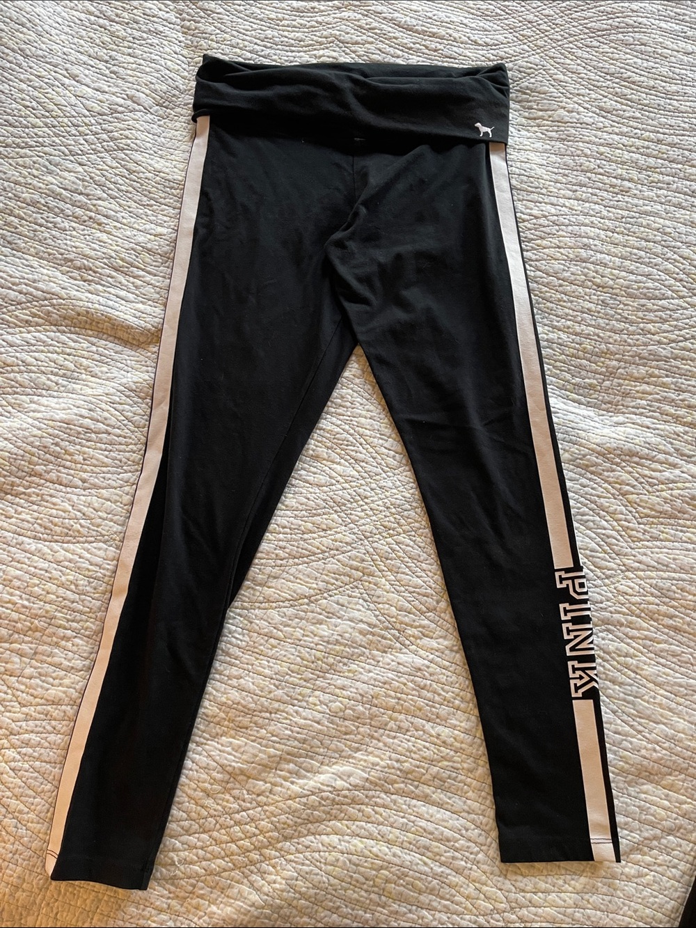 PINK Victoria's Secret Black Leggings with Cream Side Stripes- Med